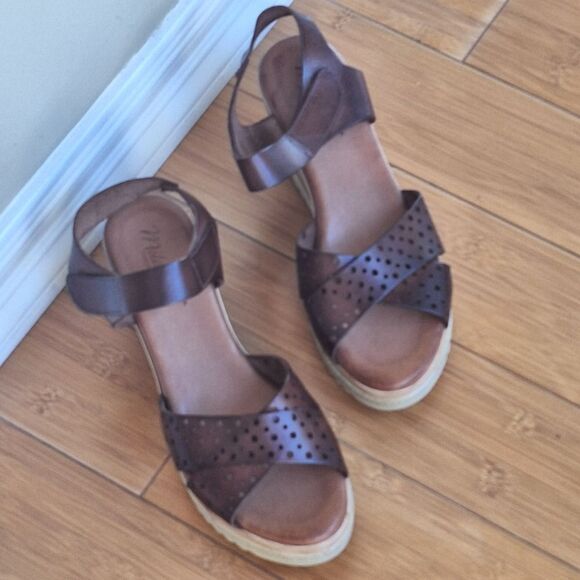 Brown Leather Wedge Heel Sandal Platform Wood Look EU 40 Milianias Comfort Shoes - Picture 9 of 16